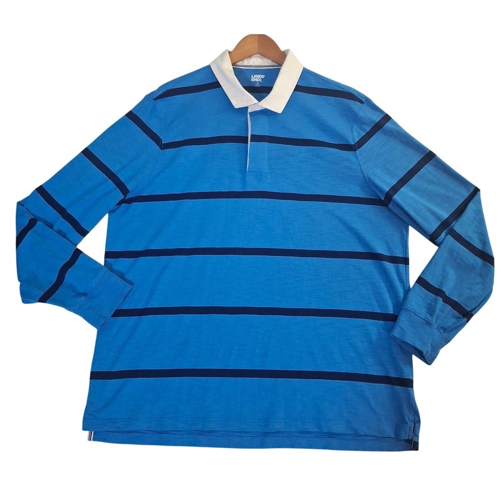 Lands End Mens XL Long Sleeve Rugby Polo Shirt Blue Striped Cotton Slub Jersey